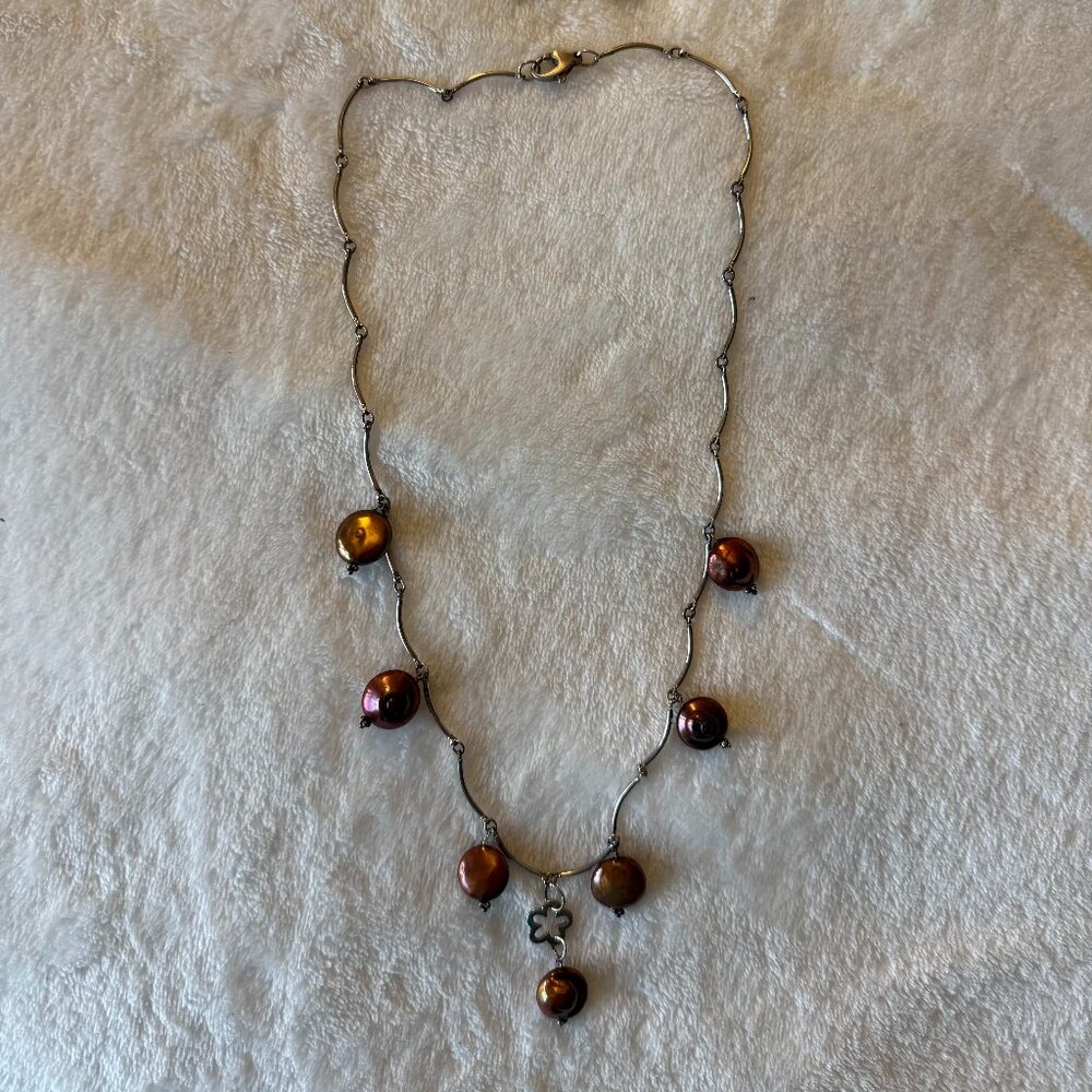 Silver & Brown Pearl Necklace & Earring Set - REAL STERLING SILVER